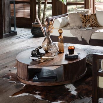 Reyi Fluted Dark Brown Mango Wood Large Round Storage Coffee Table on Wheels