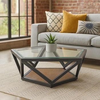 Cibo Pentagonal Clear Glass with Black Metal Coffee Table