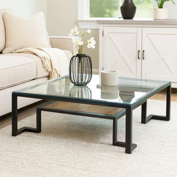 Cibo Clear Glass with Black Metal Square Coffee Table with Shelf