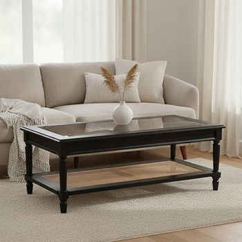 Corso Clear Glass with Black Wood and Rattan Shelf Coffee Table