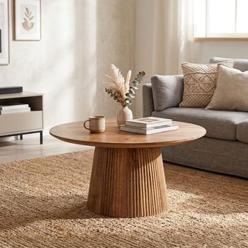 Salvator Curved Fluted Natural Mango Wood Round Coffee Table