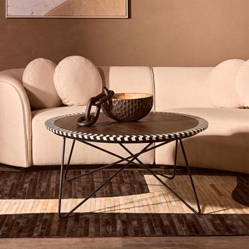 Artisan Brown Acacia Wood Round Coffee Table with Metal Hairpin Legs