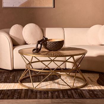 Jodi Elm Wood and Gold Metal Round Coffee Table