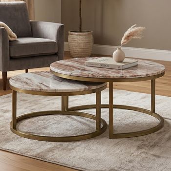 Bottega Blush Beige Marble and Metal 2 Tier Round Coffee Table