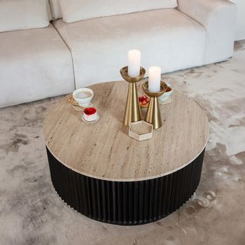 Hampton Travertine Beige Top Round Coffee Table with Black Fluted Base