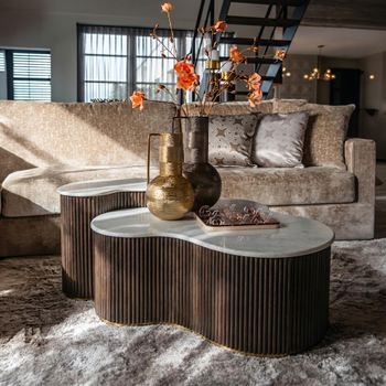 Mayfield White Marble Top 2 Tier Coffee Tables Dark Wood Fluted Base