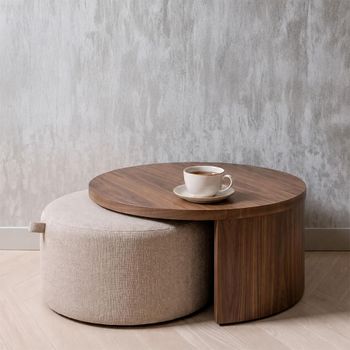 Windsor Beige and Walnut Wood and Fabric 2 Tier Round Coffee Table
