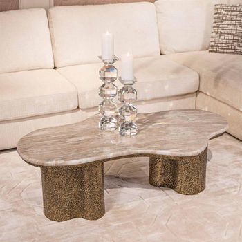 Abandos Abstract Sand and Antique Brass Marble and Metal Coffee Table