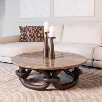 Chainey Ash Brown Travertine and Mango Wood Round Coffee Table