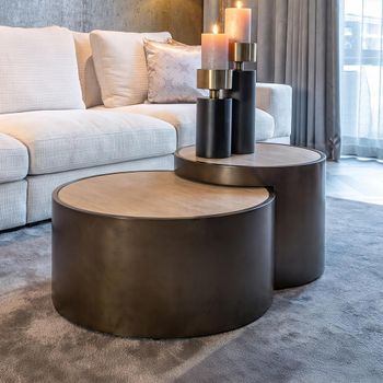 Set of 2 Ronson Beige Travertine and Metal Round Coffee Table