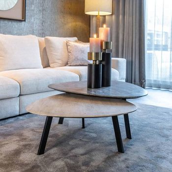 Set of 2 Spencer Triangle Beige and Sand Travertine and Metal Coffee Table