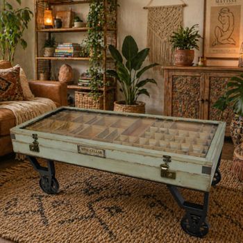 Glass and Recycled Wood 1 Door Coffee Table on Wheels