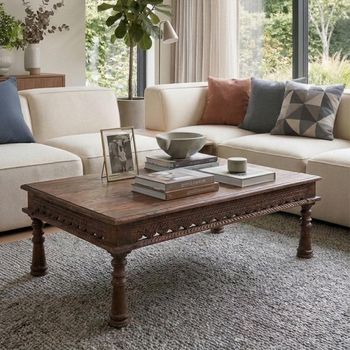 Unique One of a Kind - Carved Brown Wooden Rectangle Coffee Table
