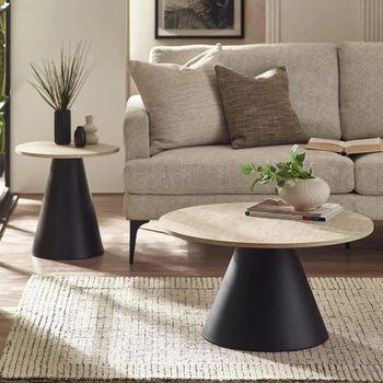 Elgon Coffee and Brown and Black Travertine Effect and Metal Set Round Lamp Table
