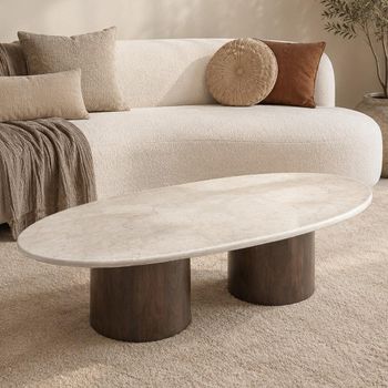 Brix Duno Bottecino Chestnut Low Ceramic and Mango Wood Oval Coffee Table