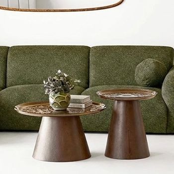 Set of 2 Orvieto Dark Brown Rippled Glass and Wood Round Coffee Table