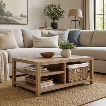 Blois Pinewood Natural Coffee Table with Wicker Basket
