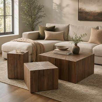 Set of 3 Ray Cube Starburst Dark Brown Recycled Wood Square Coffee Table