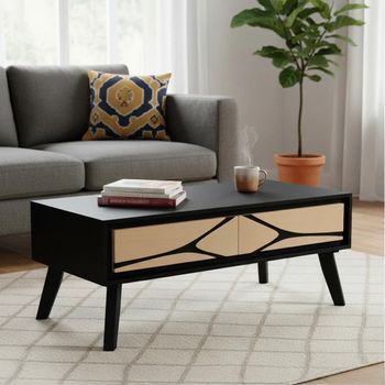Boho Geometric Design Low Natural and Black Mango Wood 2 Drawer Coffee Table