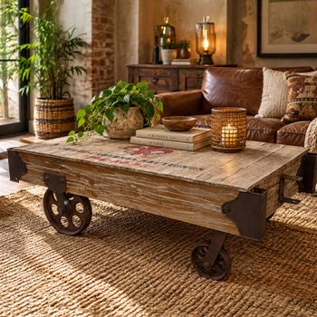 Railway Wood and Metal Cart Coffee Table