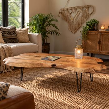 Abstract Acacia Wood and Metal Coffee Table with Hairpin Leg