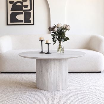 Bern Fluted White Washed Oak Drum Base Round Coffee Table