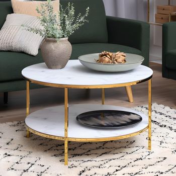 Alisma White Marble and Gold Metal Round Coffee Table with Shelf