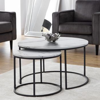 Set of 2 Bellini Nest of Coffee Tables Round White Marble Effect