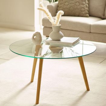 Bryant 80cm Round Coffee Table with Clear Glass with Oak Legs