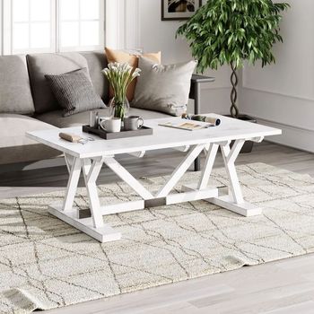 Clearance - Farmhouse Rectangle Coffee Table Trestle White Washed Mango Wood