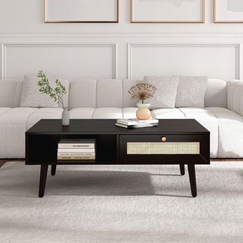 Clearance - Ferrero 1 Drawer Rectangle Coffee Table Black and Woven Rattan