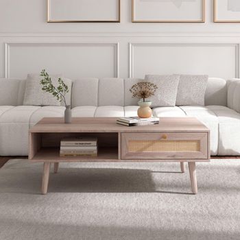 Clearance - Ferrero 1 Drawer Rectangle Coffee Table Natural and Woven Rattan