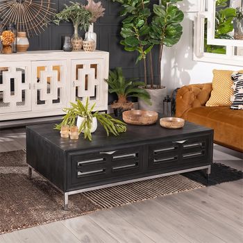 Clearance - Geo Black Painted Mirrored Mango Wood 2 Drawer Storage Coffee Table with Chrome Base