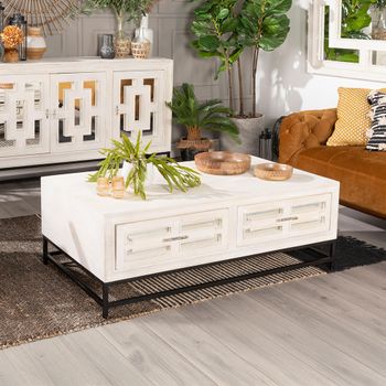 Clearance - Geo 2 Drawer Rectangle Coffee Table White Mirrored Mango Wood Distressed White Wash