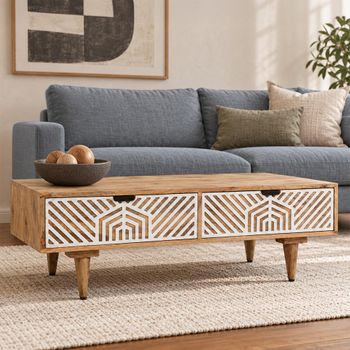 Clearance - Guna Mango Wood White Geometric Printed 2 Drawer Coffee Table - FSS16353