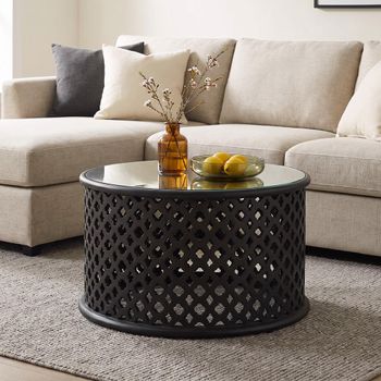 Clearance - Jaipur Round Coffee Table Lattice Black Mango Wood