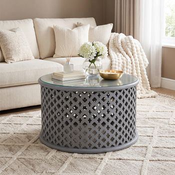 Clearance - Jaipur Round Coffee Table Lattice Grey Mango Wood