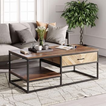 Clearance - Rennes 1 Drawer Rectangle Coffee Table Chevron Rustic Mango Wood