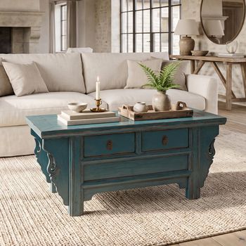 Unique One of a Kind - Distressed Turquoise Blue Lacquered Pine 2 Drawer Rectangle Coffee Table