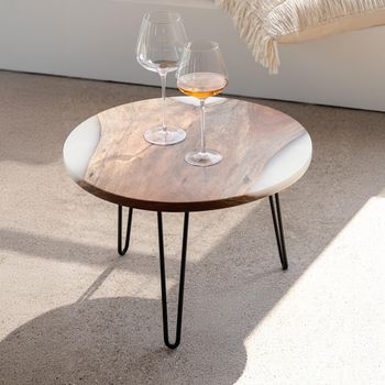 Natural and White Acacia Wood and Metal Small Round Coffee Table with Hairpin Legs