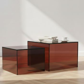 Set of 2 Dice Brown Glass Square Coffee Table