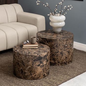 Set of 2 Dice Brown Marble Effect Round Coffee Table