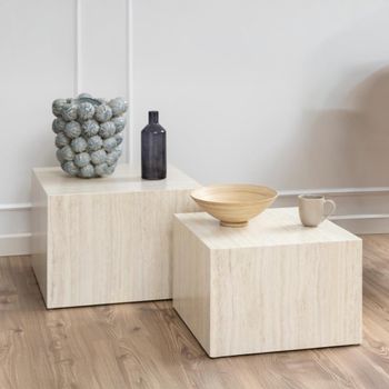 Set of 2 Dice Travertine Effect Square Coffee Table