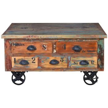 Gerber Square Cart Style Recycled Wood 5 Drawer Coffee Table