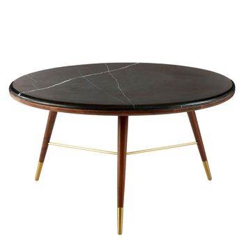 Kenso Black Marble and Walnut Wood Round Coffee Table