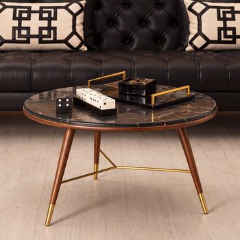 Kenso Black Marble and Walnut Wood Round Coffee Table