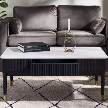 Louis White Ceramic Top Black Fluted Base 2 Drawer Coffee Table