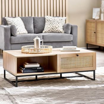 Padstow Oak and Rattan 2 Drawer 120cm Coffee Table