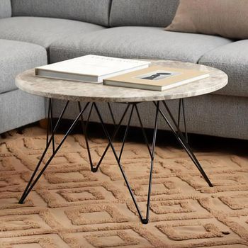 Prunus Brown Marble Round Coffee Table with Black Hairpin Legs