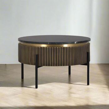 Stephen Black Marble Top Ribbed Brass Round Coffee Table